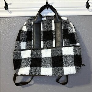 Jen & Co Black and White Buffalo Plaid Sherpa Backpack Purse